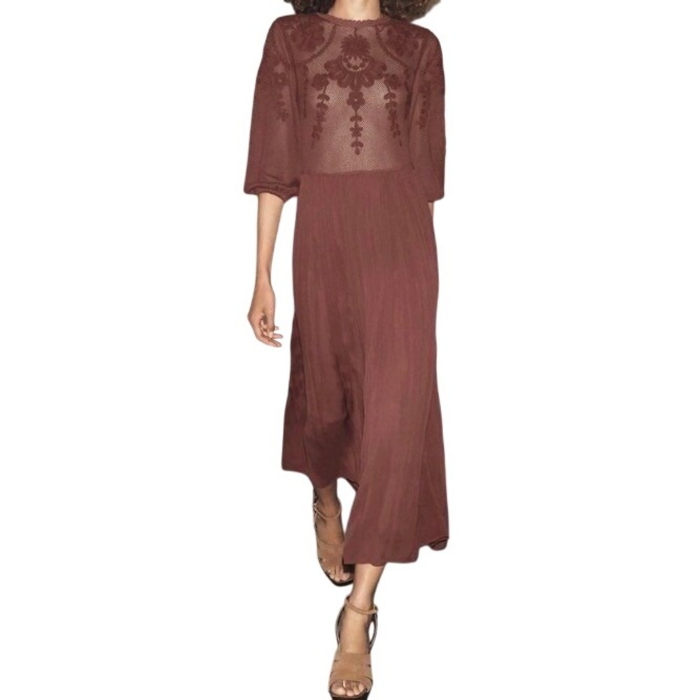 Zara Mauve/Burgundy Embroidered Maxi Dress